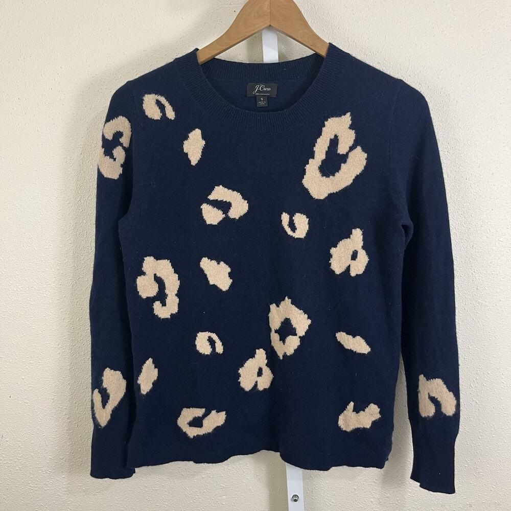 J. Crew Cashmere Everyday Leopard Print Crewneck Sweater Womens S Small Navy